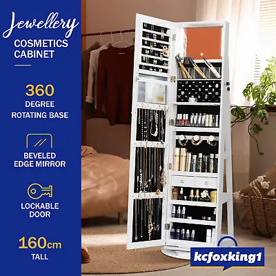 Rotating LED Jewellery Storage Shelf 360 Degree Cabinet Mirror Organiser White • $229.49