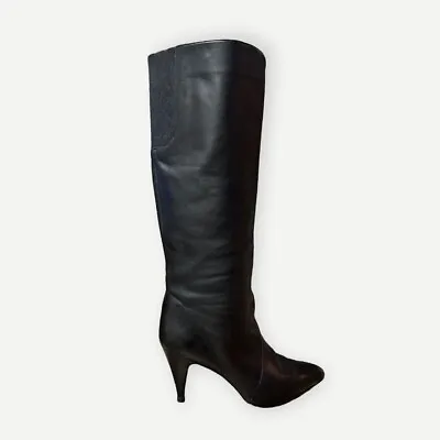 Vintage Tall Leather Boots Black 80s Heel Pointed Toe Retro Women 5.5 EUC Enzo • $46.20
