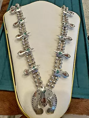 Vintage Sterling Silver Turquoise Chip Inlay Peyote Bird Squash Blossom • $450