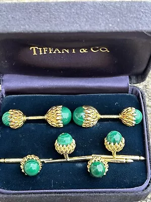 Tiffany & Co Schlumberger 18K Gold Malachite Acorn Cufflinks & Shirt Studs SET • $11000