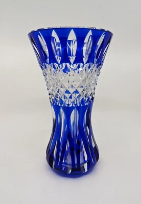 $165 • Buy Val Saint Lambert Cobalt Blue And Crystal Clear Cut Glass Crystal Teniers Vase