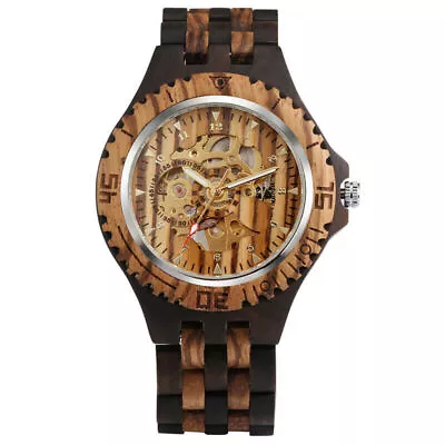 Men's Watch Mechanical Automatic Red Skeleton Cherry Woodes Watches Wood Band • $61.15