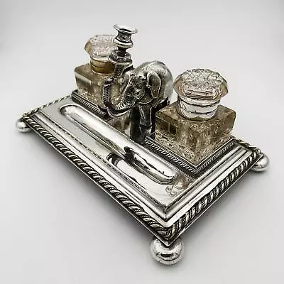 RARE NOVELTY ELEPHANT FIGURE INKSTAND SILVER PLATE VICTORIAN C1890 Walker & Hall • £245