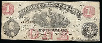 Very Fine 1862 Virginia Treasury Note $1 Obsolete Currency Note Vf • $0.99