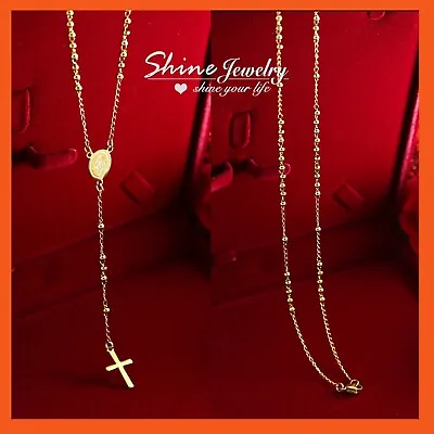 9K GOLD GF MARIA CROSS HAIL MARY ROSARY PRAY BEAD Long CHAIN NECKLACE PENDANT • $14.99