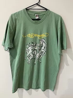 VINTAGE SIZE XL Ed Hardy Christian Audigier T-Shirt Mens Horses Green (Flaws) • $59.95