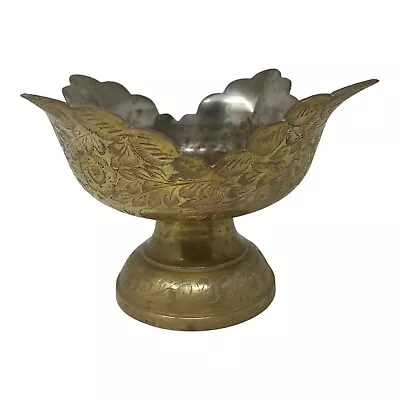 Vintage Floral Engraved Brass Metal Pedestal Bowl Made In India 1291 • $59.49