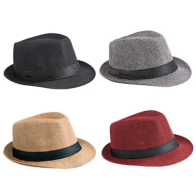 Mens Short Brim Fedora Linen Panama Sun Hat Gangster Trilby Derby Hat With Band • $10.63