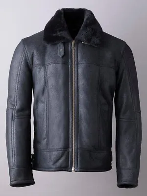 Men's Aviator Black B3 Real Shearling Sheepskin Leather Bomber Flying Fur Jacket • $328.90