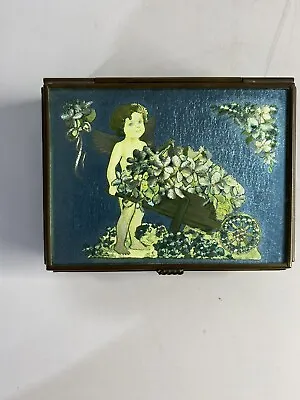 Via Vermont Vintage Stained Glass Hinged Jewelry Trinket Box Cherub Angel Floral • $13.49