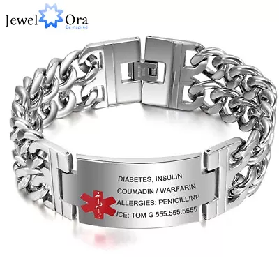 Personalized Text Men Stainless Steel Medical Alert ID Bracelet Emergency Bangle • $20.39