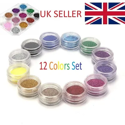 12 Colours Glitter Dust Powder Pots Set Nail Art Tips Decoration / Crafts / DIY • £3.99