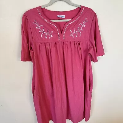 Vintage National  Womens MuMu Housedress Loungewear Pink White Embroidery 2X • $27.99