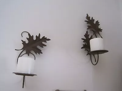 Pair Vintage Brown Metal Wall Sconces Leaf Shaped Candle Holder Antique Cabin • $15