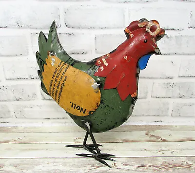Rustic 11  Repurposed Colorful Scrap Metal Welded Hen Rooster Chicken Statue • $52.99