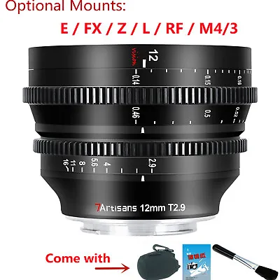 7artisans 12mm T2.9 Cine Lens For Sony E Leica L Nikon Z ZFC RF Micro 4/3 Fuji X • £339