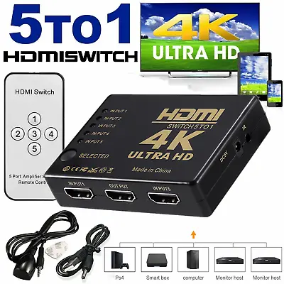 4K HDMI Switch Switcher Selector 5 Port Splitter Hub IR Remote For TV DVD HDTV • £6.99