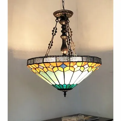 Tiffany-Style Mission Stained Glass Inverted Ceiling Pendant Light 18  Tall • $190.89