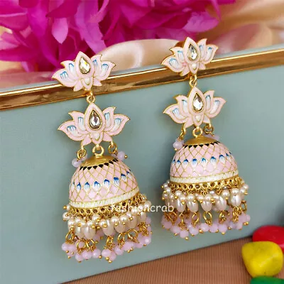 Indian Bollywood Style Light Pink Meenakari Lotus Jhumka Earring For Wedding • $19.95