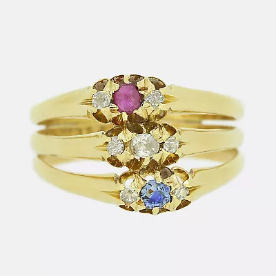Victorian Ruby Diamond And Sapphire Triple Band Ring 18ct Yellow Gold • $1432.19
