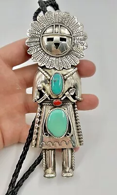 116g Navajo Sterling Silver Turquoise Coral Singer Drummer Kachina Bolo Tie 6  • $915.40