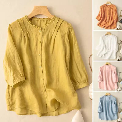 UK 8-24 Women Puff Sleeve O Neck Cotton Button Up Shirts Long Tops Formal Blouse • $21.26