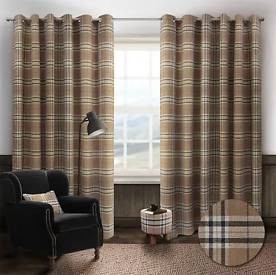 Thermal Tartan Check Ring Top Eyelet Curtains Ready Made Lined Width 66  / 90  • £5.95