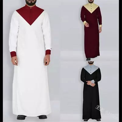 Men's Long Sleeve Muslim Clothing Saudi Jubba Arab Kaftan Thobe Long Dress Robe • $31.29