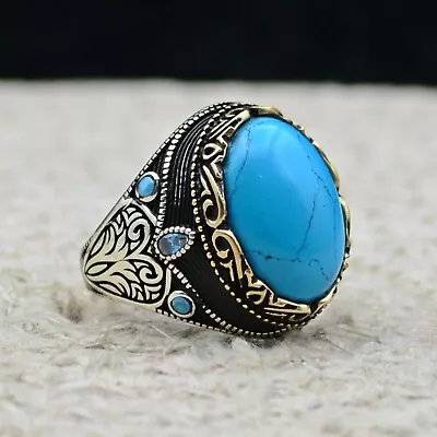 Men's Ring Solid 925 Sterling Silver Turkish Jewelry Turquoise Stone All Size • £54.05