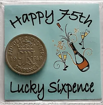 75th Happy Birthday Sixpence Gift *1948 Coin For 2023-  *Blue Champagne Design* • £2.99