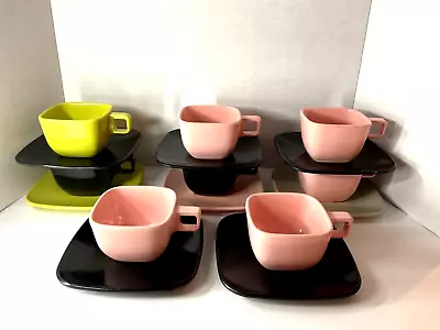 Set Of 8 Brookpark Melmac Melamine Cups And Saucers Black Grey Pink Chartreuse • $22.50