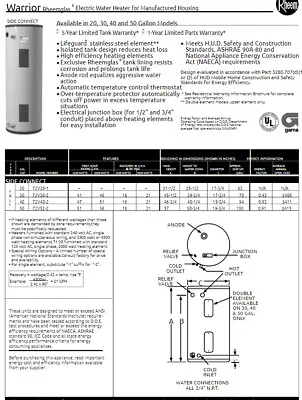 Rheem 72V52-2 Warrior Electric Water Heater Mobile Home 50 Gal. 240V • $1000