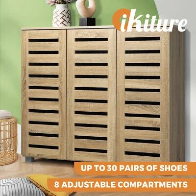 $195.90 • Buy Oikiture Shoes Cabinet Shoe Storage Rack Organiser Shelf 3 Doors 30 Pairs Wooden