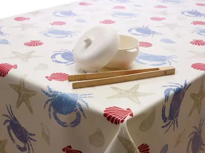 £17.99 • Buy Blue Red And Taupe Seashells And Crabs Oilcloth WipeClean Tablecloth Many Sizes