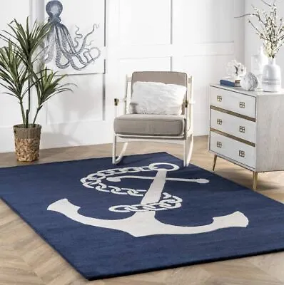 Nautical Anchor Navy Blue Hand-Tufted 100% Wool Soft Area Rug Carpet • £155