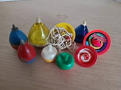 Vintage Lot Of Nine Spinning Tops Variety Duncan Wood Plastic Preowned Used • $30