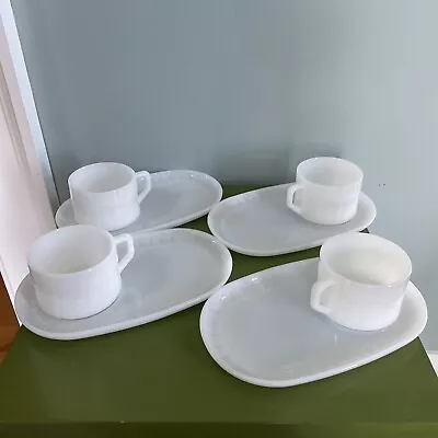 Vtg FEDERAL Milk Glass Snack Sets Trays Plate Cups Mugs Textured Farmhouse Set 4 • $59