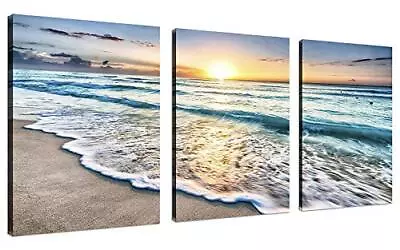  3 Panel Wall Art Blue Sea Sunset 3 PCS/SET 12x16inchx3 Framed 12x16inchx3 • $41.80