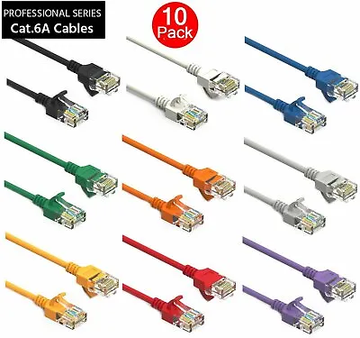 10 Pack CAT6a Slim RJ45 Network LAN Ethernet Copper Wire Color Patch LOT Cable • $129.95