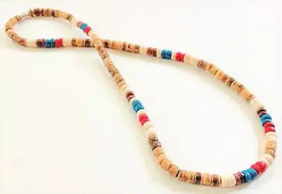 Men's Tan Blue Red Wooden CoCo Beads Flag Necklace Surfer Choker Teen's Fashion • $9.99