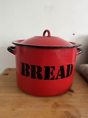 Vintage Large Enamel Metal Red Bread Bin Crock With Handle Lid • £14.50