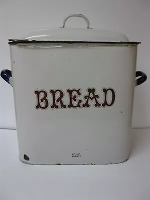 Antique  Porcelain Enamel Bread Box White With Brown &Blue Trim 14 IN T. • $95