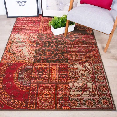 Traditional Patchwork Living Room Runner Rug Red Orange Oriental Large Small • £11.95