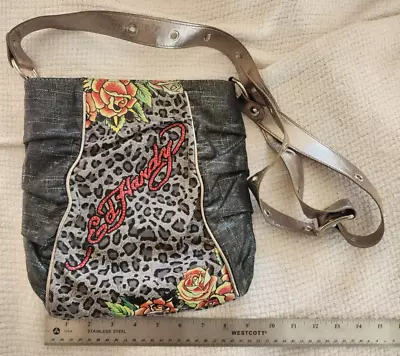 Ed Hardy Hand Bag Purse Cheetah Tatoo Jungle Rose Purse Silver Leopard • $24.99