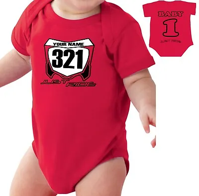 Motocross Baby Number Plate One Piece Shirt Infant Mx Just Ride Red Honda Cr Crf • $18.99