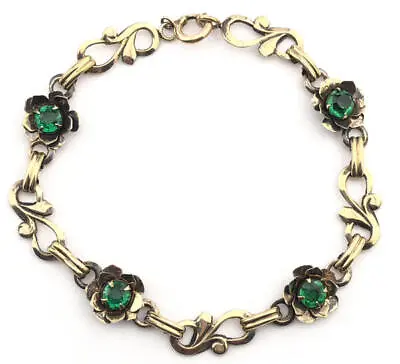 Vintage 1930's Green Rhinestone Flower Station LInk Braceletfjt • $19.95