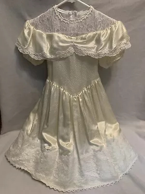 VTG LITTLE MISS Dress Girls Puff Sleeve Pale Yellow Lace Pagent Party Dress Sz 8 • £12.86