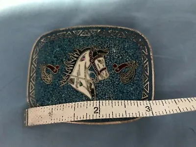 TAXCO SILVER BELT BUCKLE CRUSHED TURQUOISE HORSE SPURS  Mexico Tasco Jewelry • $42.99