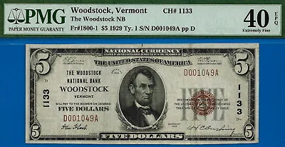 1929 $5 National Currency Woodstock Vermont CH# 1133 PMG 40EPQ Top Pop 1/0 • $735