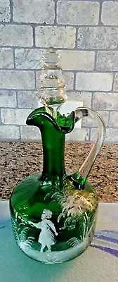 Vintage Bohemian Green Glass Enameled Mary Gregory Handled Decanter W/ Stopper • $115.37